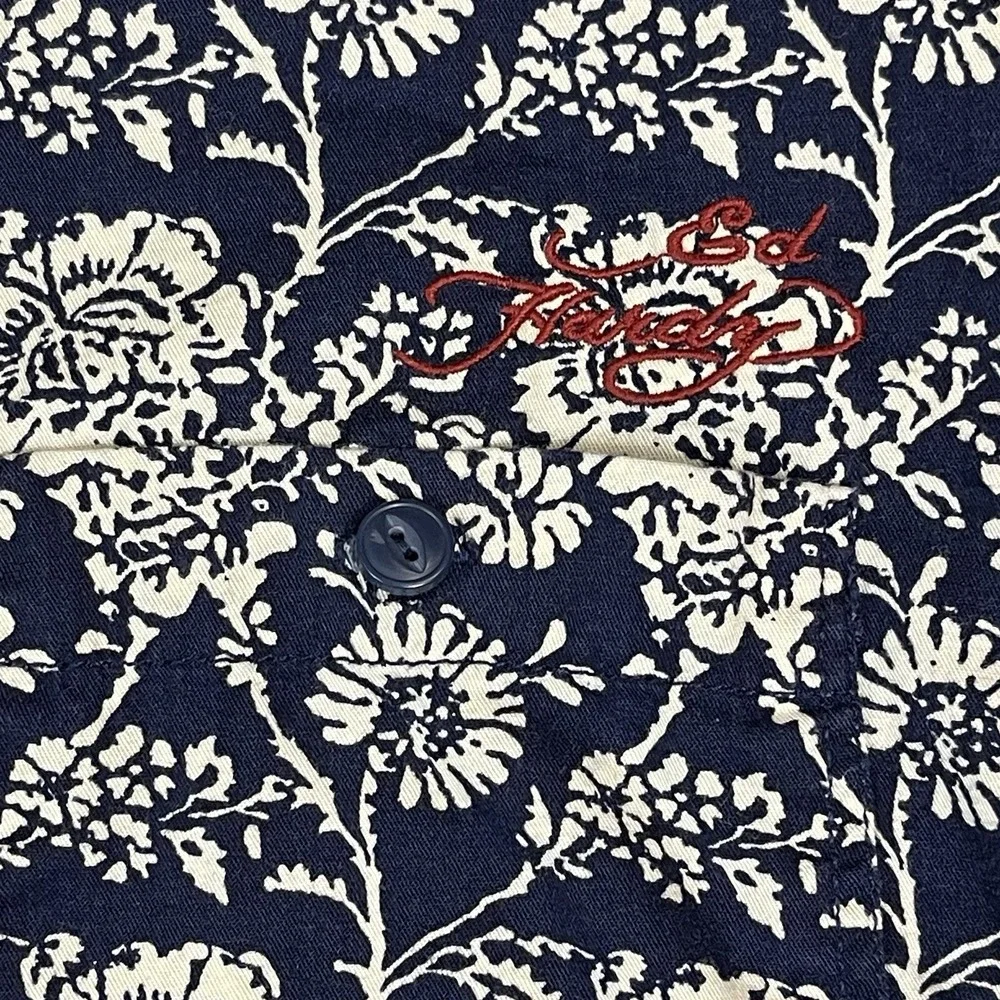 Ed Hardy Button Down Mens XL EHSH0608 Navy Blue Floral Long Sleeve EUC